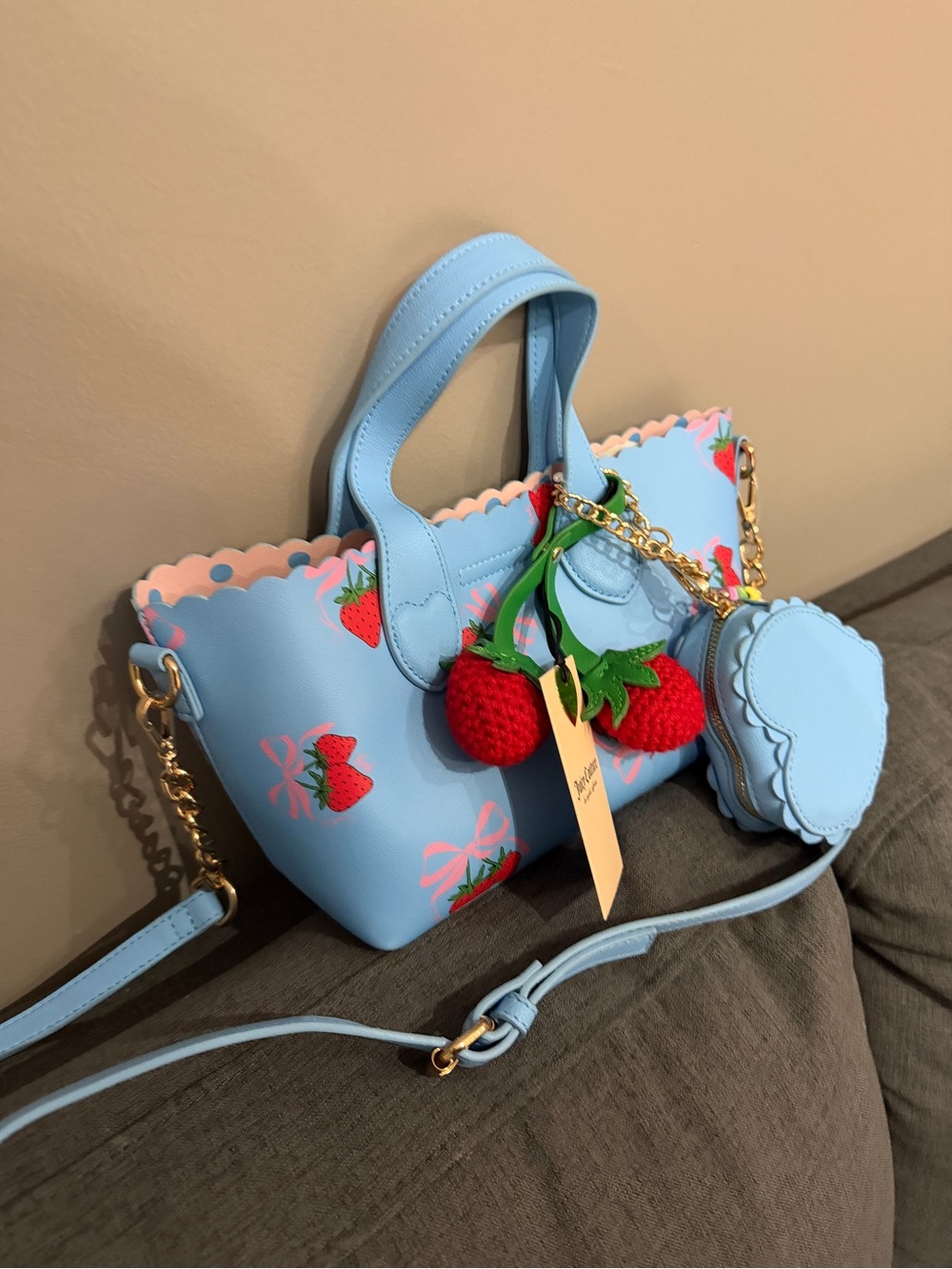 Juicy Couture Light Blue Strawberry Print Tote with Strawberry Charm - Picture 2 of 3